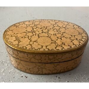 VTG Hand Painted Kashmiri Lacquered Paper Mache Trinket Box India Peach Gold Lid